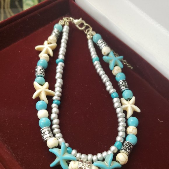 Pretty Beach theme Turquoise colored starfish Turtle charm layered bracelet - Picture 2 of 2